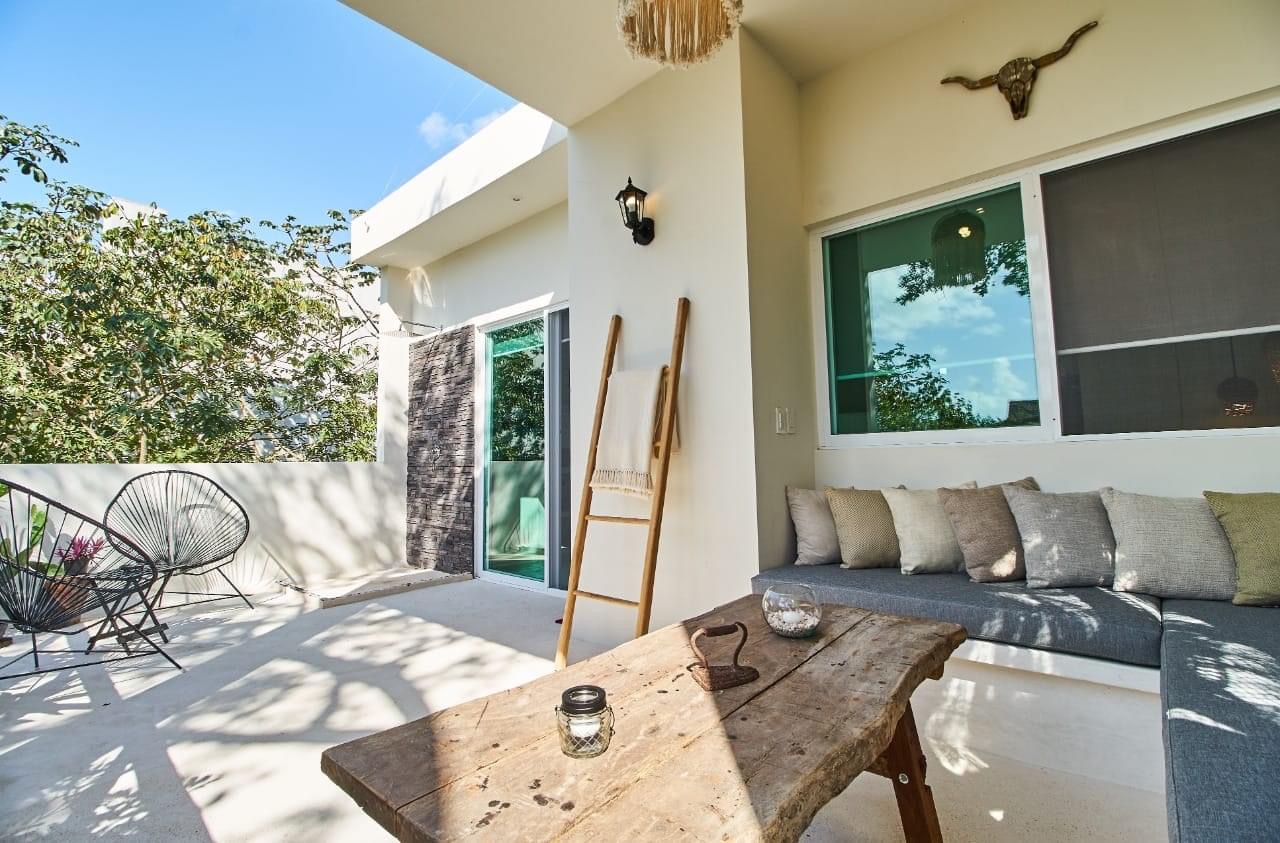 Outdoor terrace with cushioned seating
