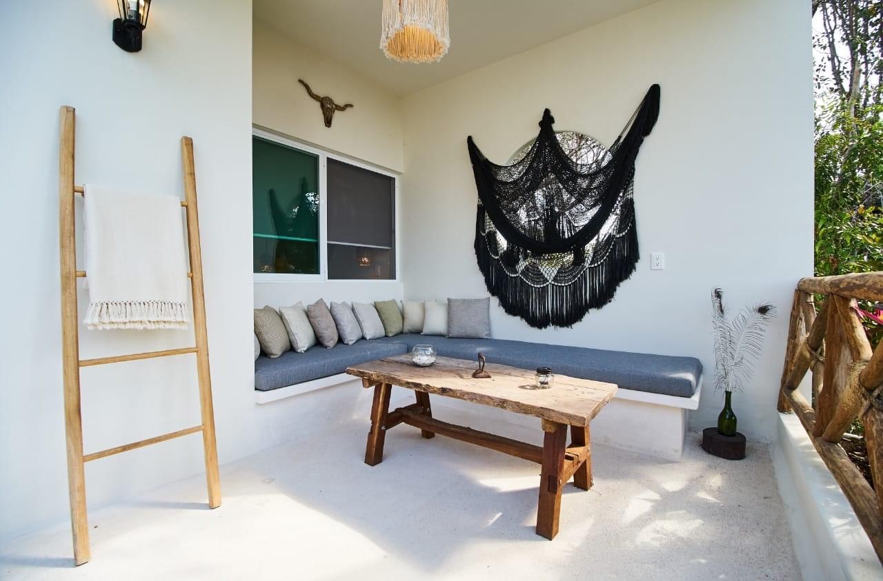 Macramé hammock and bench seating